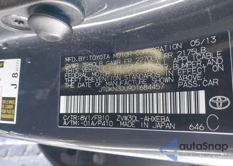 2013 Toyota Prius Three z USA, uszkodzony, nr VIN JTDKN3DU9D1684457